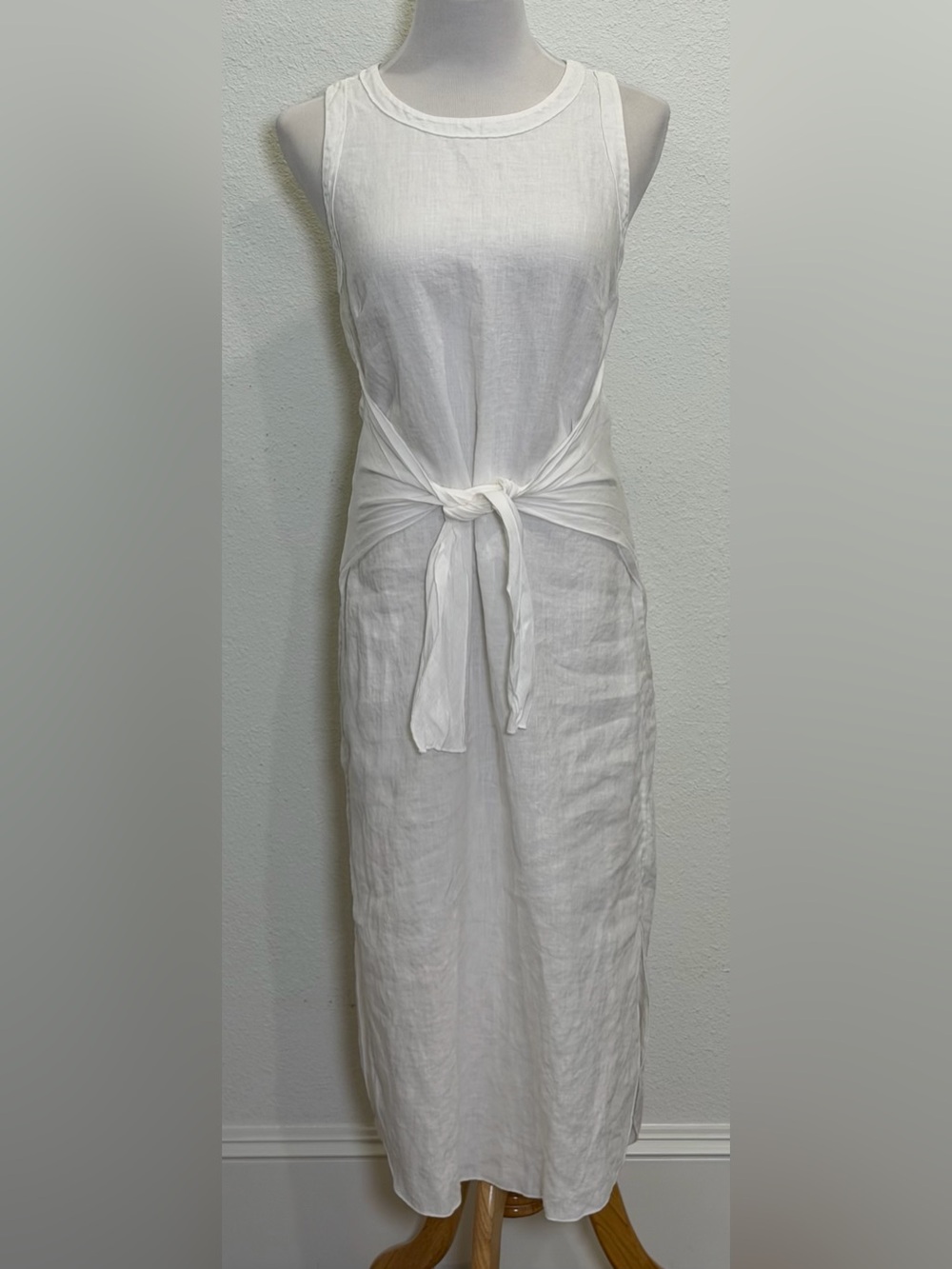 Three Dots 100% Linen Tie Waist Midi Dress Medium White Tank Sleeveless Resort